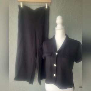 Tahari Linen Charcoal Wide Leg Pants and Button-Up Top